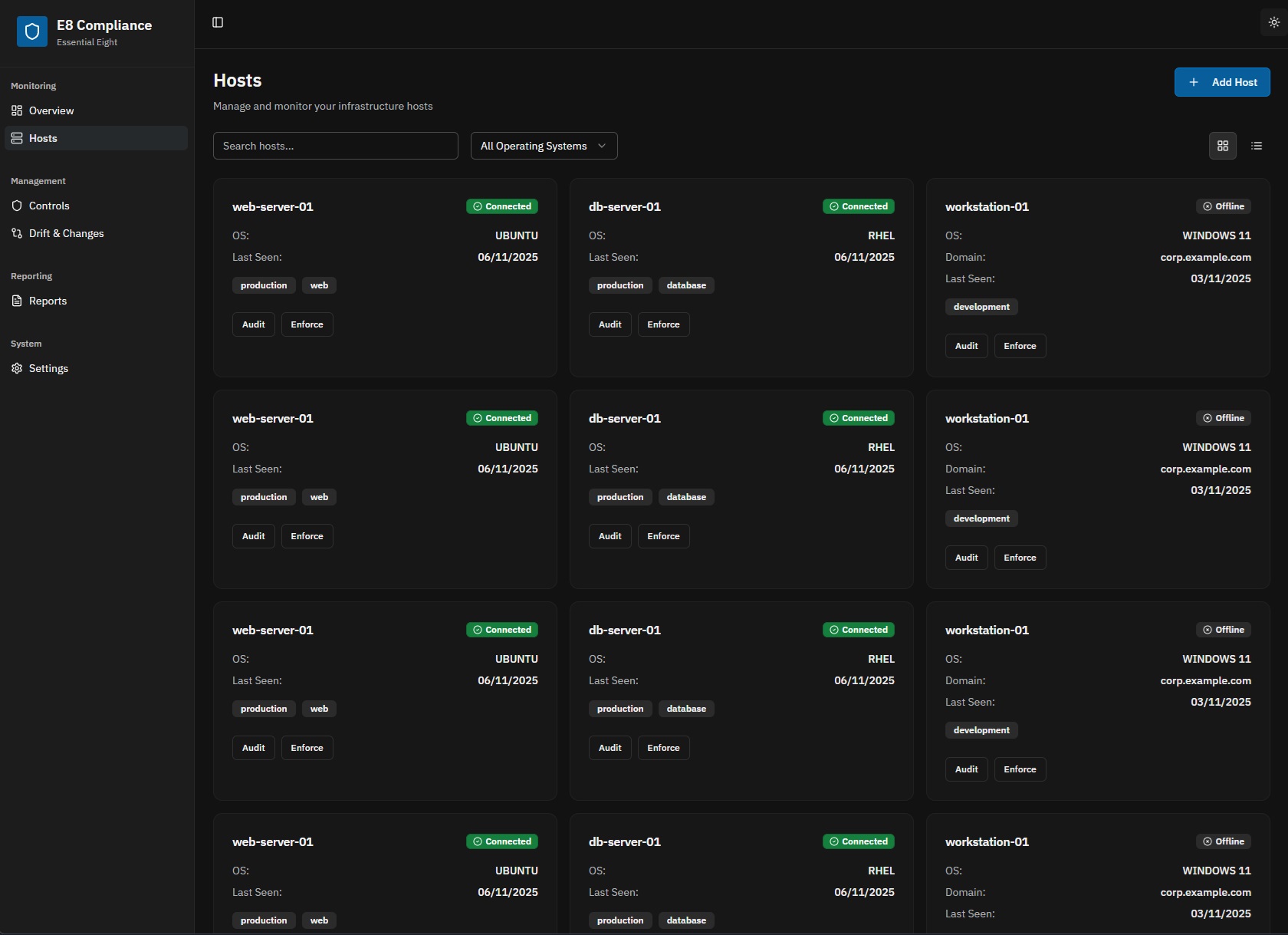 Essential 8 Compliance Platform - Hosts overview